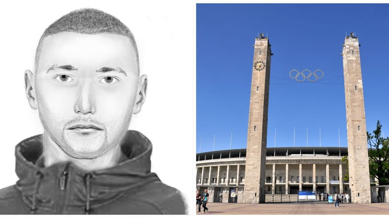 Phantombild der Polizei und Blick auf das Berliner Olympiastadion (Montage): In der Nähe des Stadions war es zu einer Auseinandersetzung gekommen.