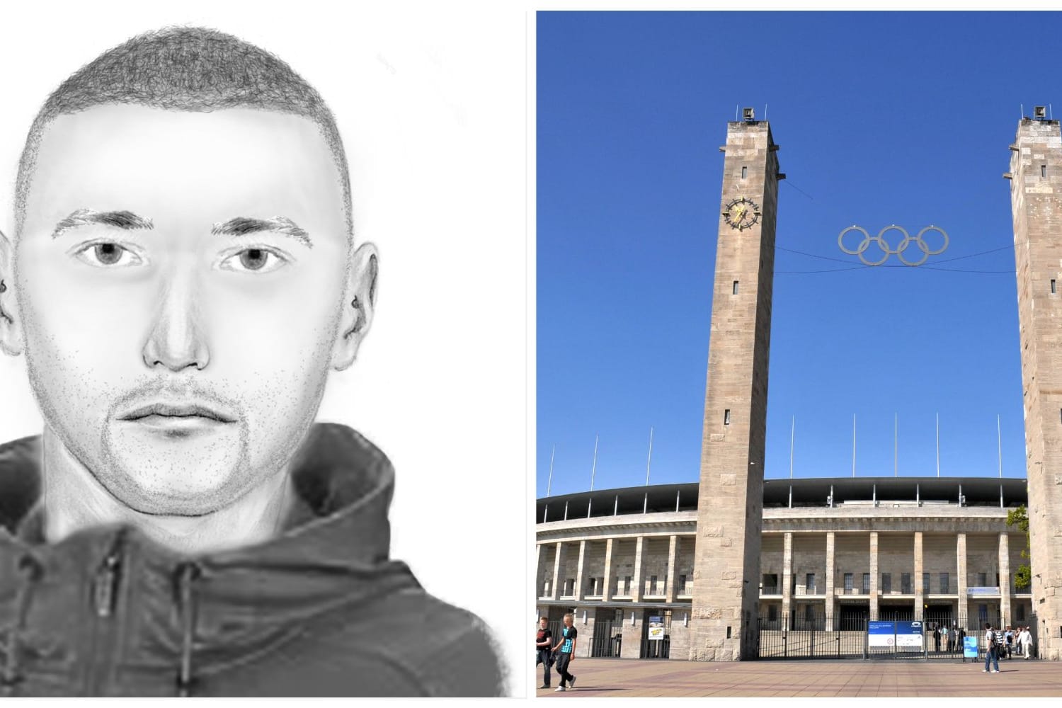 Phantombild der Polizei und Blick auf das Berliner Olympiastadion (Montage): In der Nähe des Stadions war es zu einer Auseinandersetzung gekommen.