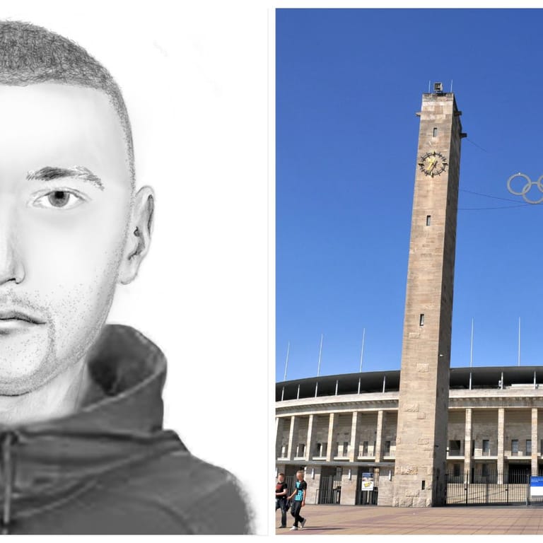 Phantombild der Polizei und Blick auf das Berliner Olympiastadion (Montage): In der Nähe des Stadions war es zu einer Auseinandersetzung gekommen.