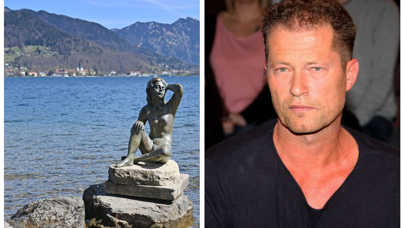 Skulptur einer Meerjungfrau am Tegernsee mit Til Schweiger (Archivbilder): Der Schauspieler und Unternehmer lässt in Bayern ein Hotel bauen.