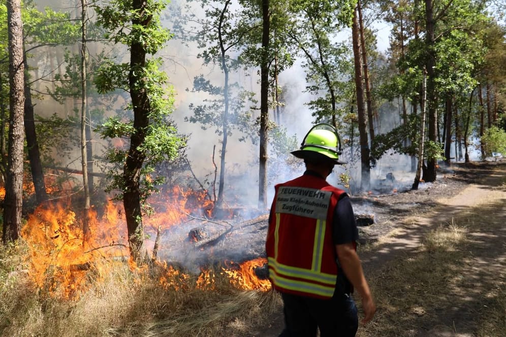 Ein Feuerwehrmann im Einsatz: Aktuell ist in Hanau ein Waldbrand ausgebrochen.