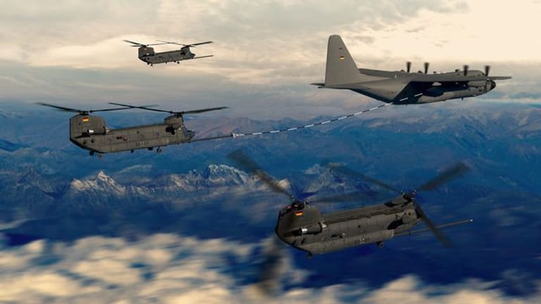 Drei Transporthubschrauber des Typs Chinook CH-47F werden von einem Tankflugzeug der Luftwaffe betankt (Visualisierung von Boeing).