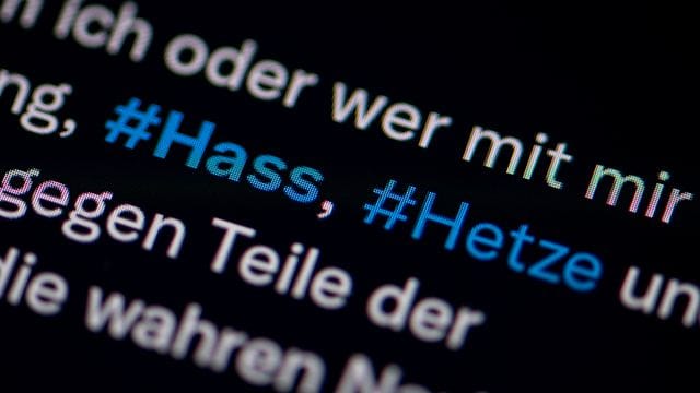 Auf dem Bildschirm eines Smartphones sind die Hashtags Hass und Hetze in einem Twitter-Posting zu sehen. Auf dem Bildschirm eines Smartphones sind die Hashtags Hass und Hetze in einem Twitter-Posting zu sehen.