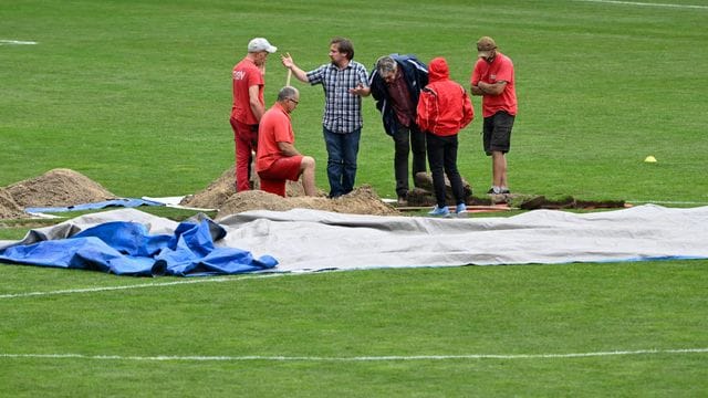 Arbeiter haben sich um das mysteriöse Loch im Rasen des Ernst-Happel-Stadions versammelt. Arbeiter haben sich um das mysteriöse Loch im Rasen des Ernst-Happel-Stadions versammelt.
