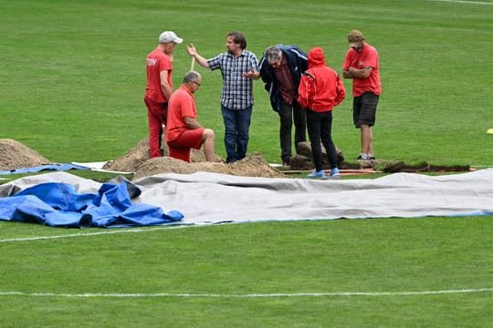 Arbeiter haben sich um das mysteriöse Loch im Rasen des Ernst-Happel-Stadions versammelt.