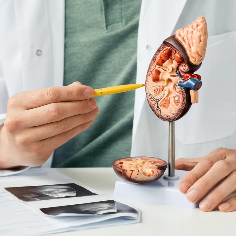 Ein Arzt deutet mit einem Stift auf das anatomische Modell einer Niere.