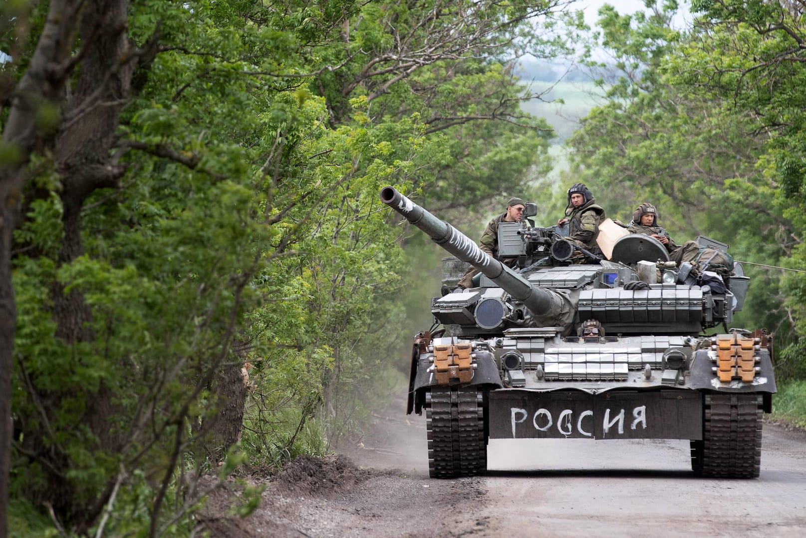 MARIUPOL, UKRAINE - MAY 22, 2022: A T-80BV tank of the Russian Armed Forces is pictured in a street. The Russian Armed F