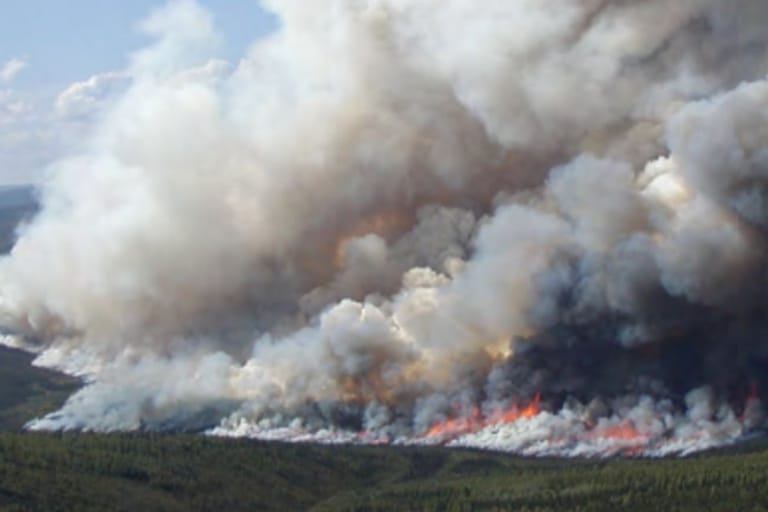 Luftaufnahme eines Moorbrandes mit starker Rauchentwicklung: Klimaforscher wollen Phänomen der "Zombiebrände" jetzt näher untersuchen.