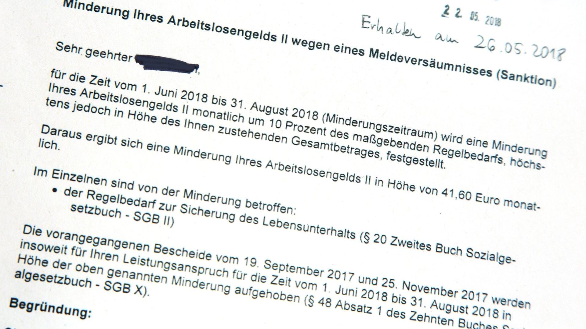 Ankündigungsschreiben eines Jobcenters: Wegen eines Meldeversäumnisses wird ein Hartz-IV-Empfänger sanktioniert.