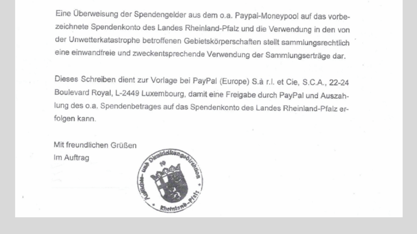 Bescheinigung vom Amt: Die Behörde belegt Paypal, dass die von Schiffmann gesammelten Spenden überwiesen werden sollen.