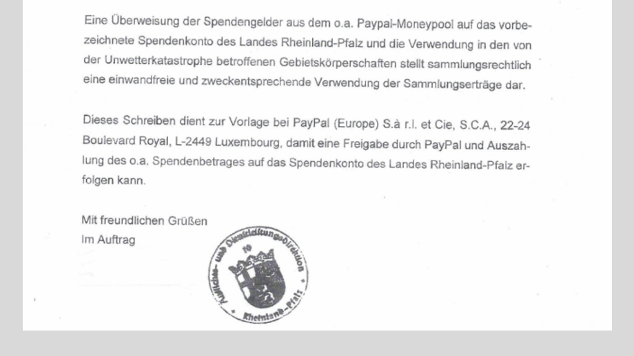 Bescheinigung vom Amt: Die Behörde belegt Paypal, dass die von Schiffmann gesammelten Spenden überwiesen werden sollen.