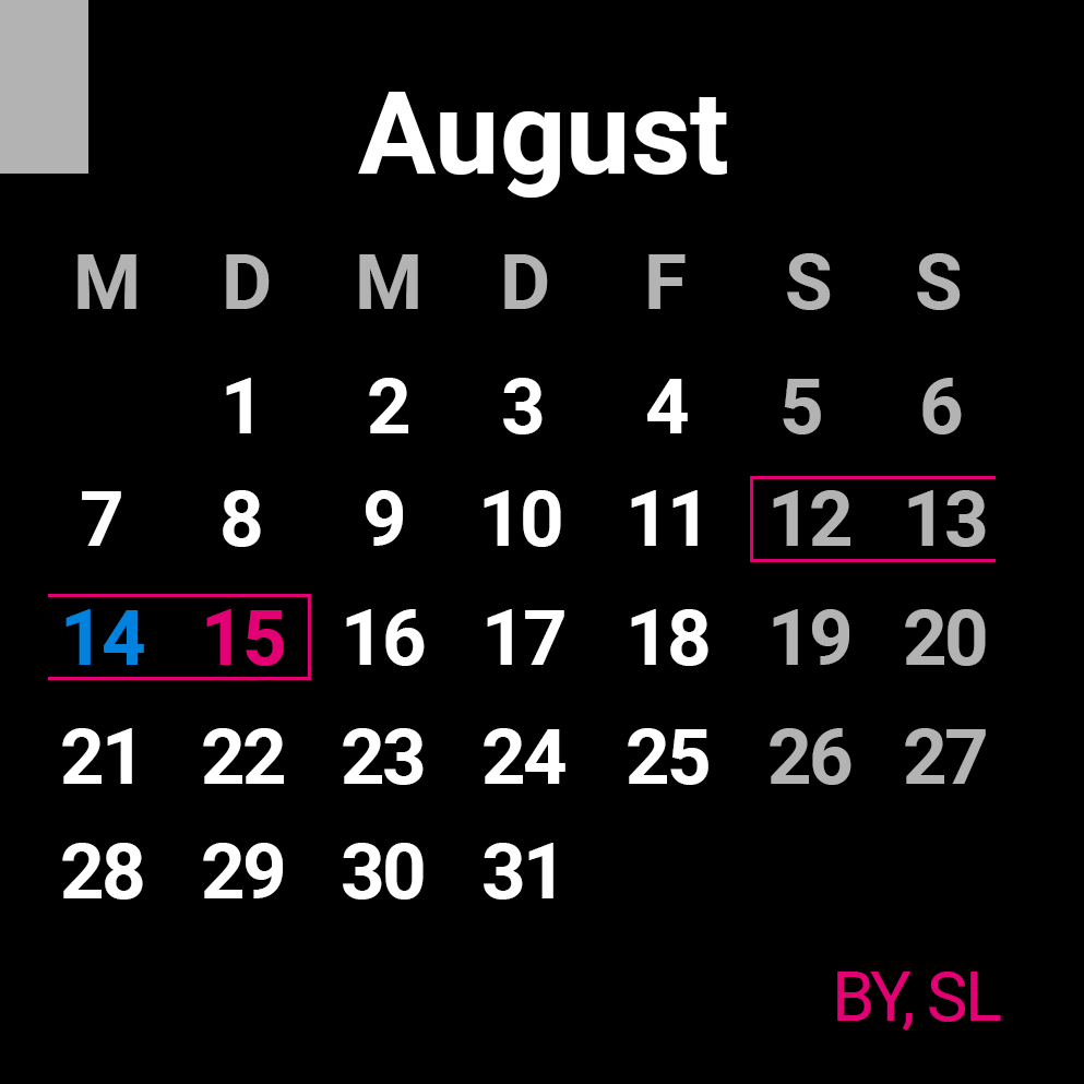 Brückentage: Die Feiertage sind pink und die Urlaubstage blau markiert, der komplette Urlaubszeitraum ist magenta umrandet.