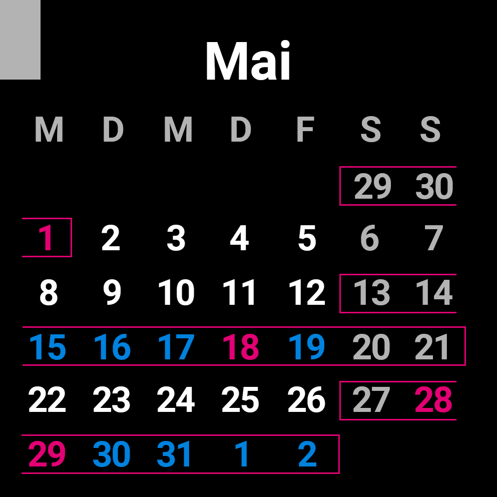 Brückentage: Die Feiertage sind pink und die Urlaubstage blau markiert, der komplette Urlaubszeitraum ist magenta umrandet.