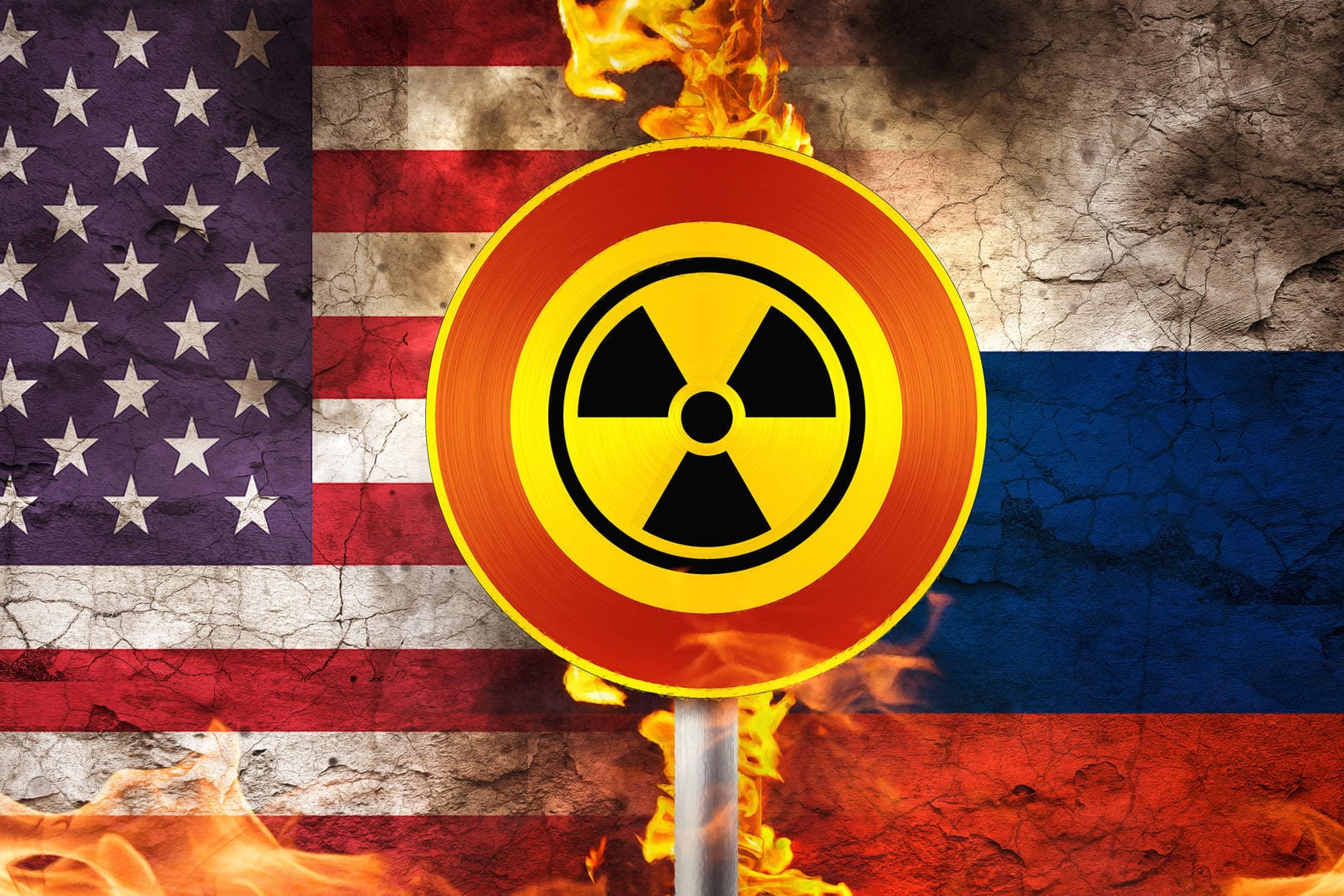 29 April 2022: Nuclear weapons at war sign with nuclear symbol nuclear war atomic bomb, attack and conflict between Russ