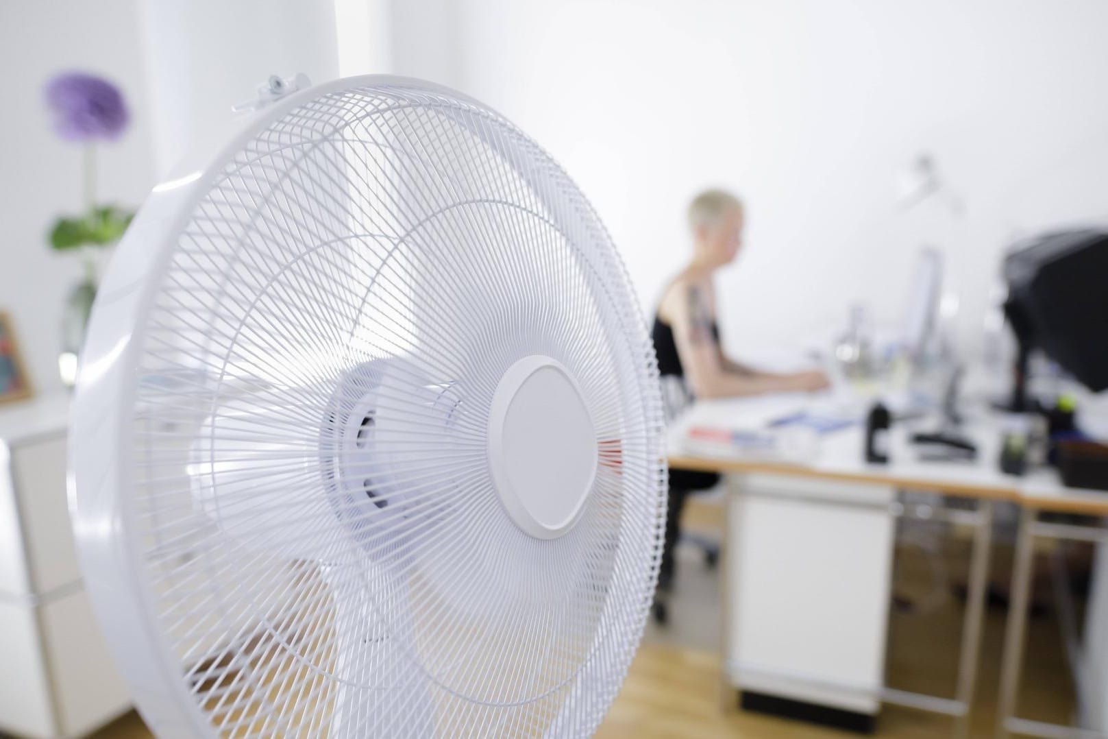 Ventilator im Büro (Archivbild): Arbeitgeber müssen für Entlastung bei Hitze sorgen.