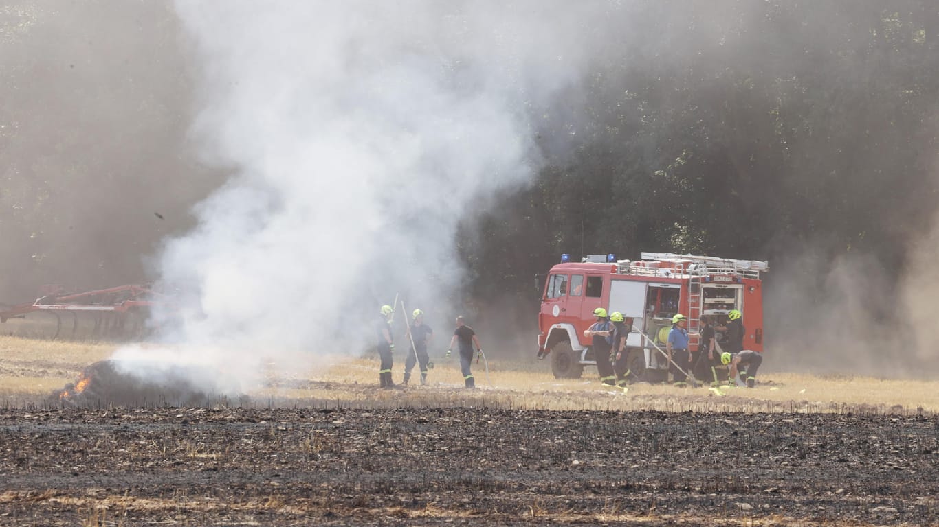 Feuerwehrleute bekämpfen am Dienstag den Brand mehrerer Felder und Waldstücke im Saale-Orla Kreis in Thüringen.