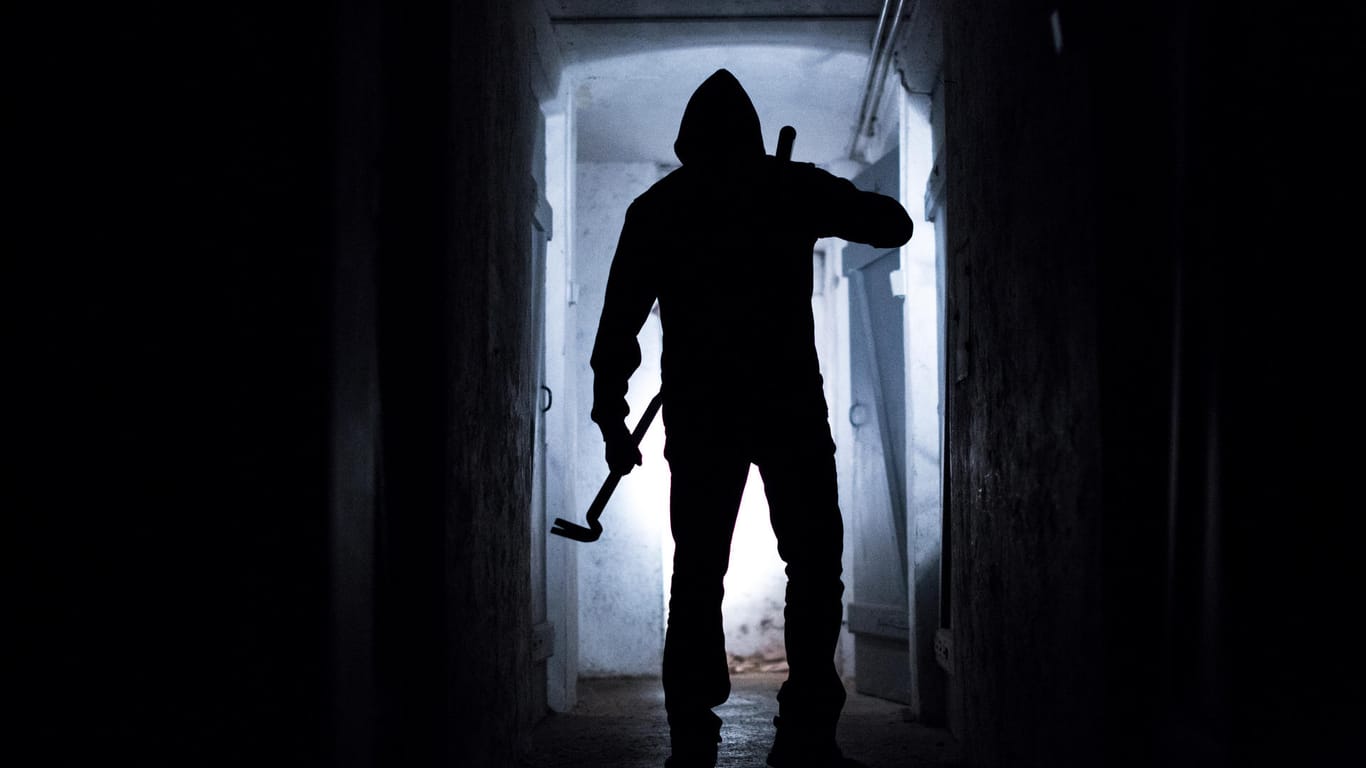 Ein Mann steht mit einem Einbruchswerkzeug im Dunkeln (Symbolfoto): In Fürth stieg eine Einbrecherin in die Wohnung einer 19-Jährigen ein.