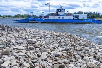 Die Elbefähre "Amt Neuhaus": Wegen des niedrigen Wasserstands liegen die Uferbereiche im Trockenen.