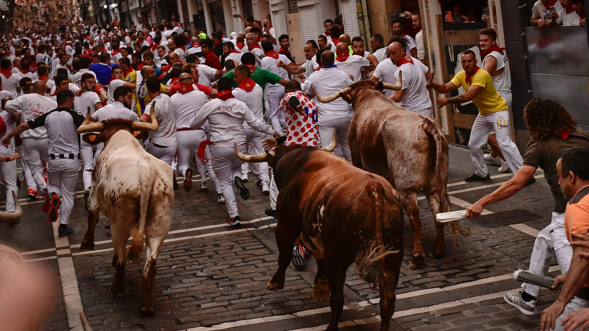 Stiertreiben beim "Sanfermines"-Fest in Pamplona: Fünf Menschen wurden in diesem Jahr in Pamplona aufgespießt. Stiertreiben beim "Sanfermines"-Fest in Pamplona: Fünf Menschen wurden in diesem Jahr in Pamplona aufgespießt.
