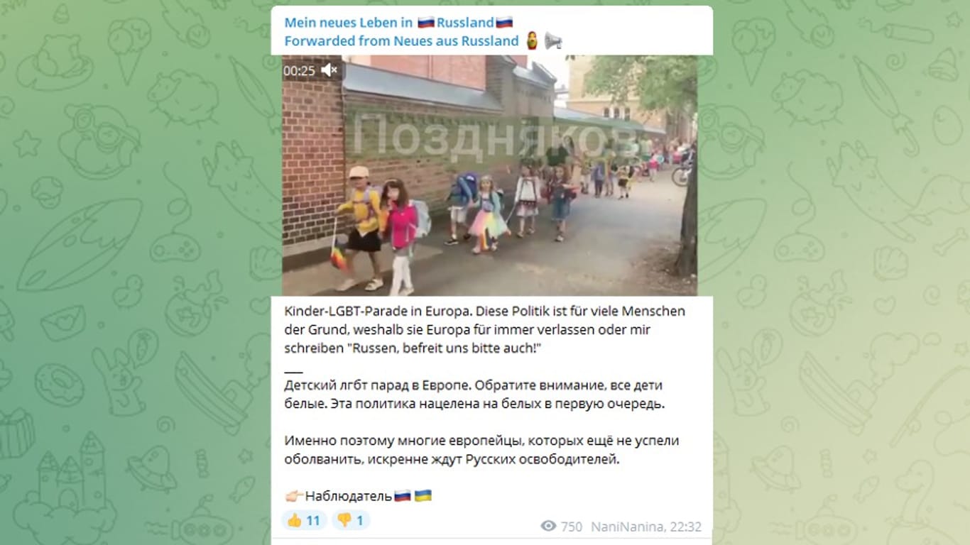 "Russen, befreit uns auch": Die Bitte ist in den Kanälen von Alina Lipp und Janine Grimberg zu lesen, nachdem irgendwo in Europa Kinder mit Regenbogenfähnchen spazieren waren.