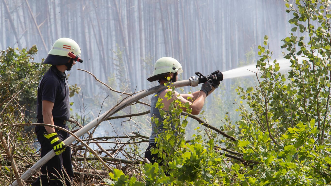 Feuerwehrmänner löschen einen Brand in Brandenburg: Durch die enorme Trockenheit breiten sich Feuer schnell aus. (Archivbild, Juni 2022)