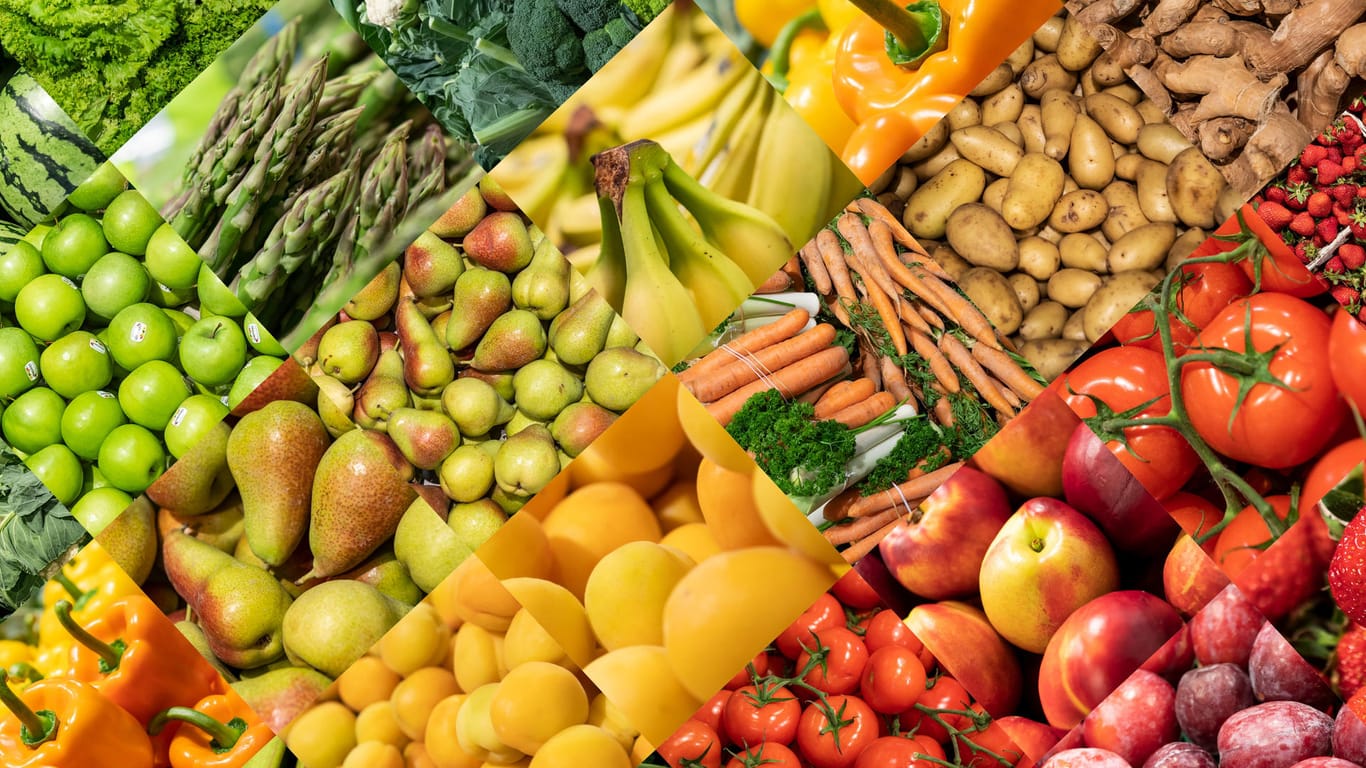 Collage von Obst und Gemüse: Die meisten Ballaststoffe stammen aus pflanzlichen Lebensmitteln.