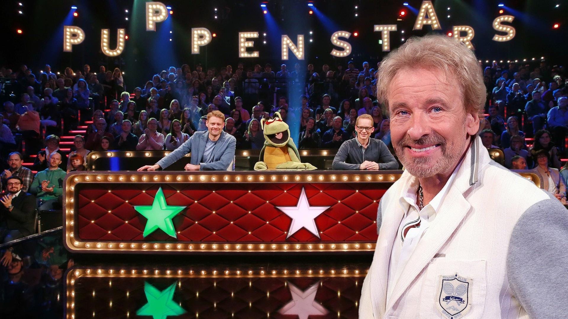 "Die Puppenstars": Neben Moderator Thomas Gottschalk werden Schauspieler und Komiker Max Giermann (l.), der Puppenspieler Martin Reinl (r.) und die Puppe "Kakerlak" am Jurypult zu sehen sein.