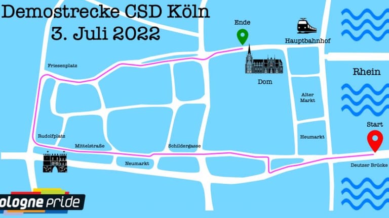 Demostrecke des CSD 2022 in Köln: Einige Straßen sind während des dreitägigen Events durchgängig gesperrt.