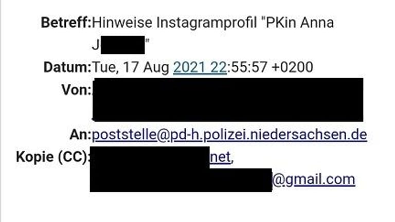 Auszug aus der E-Mail an das Polizeidezernat Hannover, die t-online vorliegt.