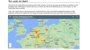Exorzisten-Bund: Marcus B. war auch einer der Initiatoren eines entsprechenden Zusammenschlusses und pflegte die Landkarte mit Adressen. Er fungierte auch als Ausbilder. (Quelle: Screenshot archive.org) Exorzisten-Bund: Marcus B. war auch einer der InItiatoren eines entsprechenden Zusammenschlusses und pflegte die Landkarte mit Adressen.