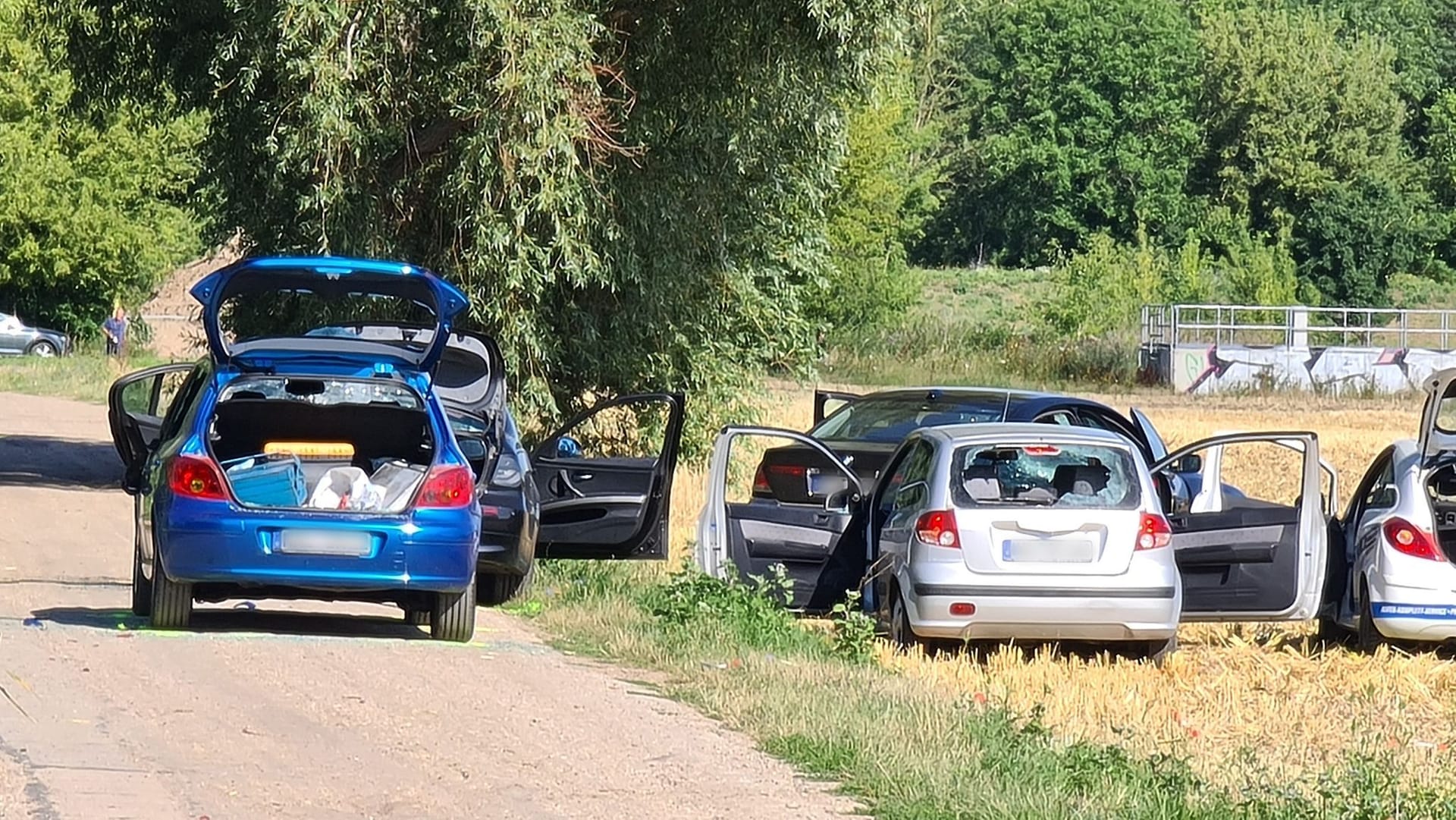 Autos mit zerstörten Scheiben am Tatort in Halle: Zwei größere Gruppen sollen sich hier einen bewaffneten Kampf geliefert haben.