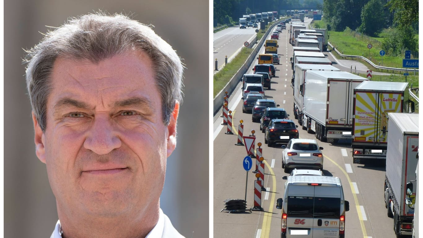 Auf der A93 stauen sich die LKWs – und damit auch die Autos immer dann, wenn Blockabfertigung ist (Archivbilder). Jetzt sperrt Ministerpräsident Markus Söder (links) hier im Inntal die Schleichwege.