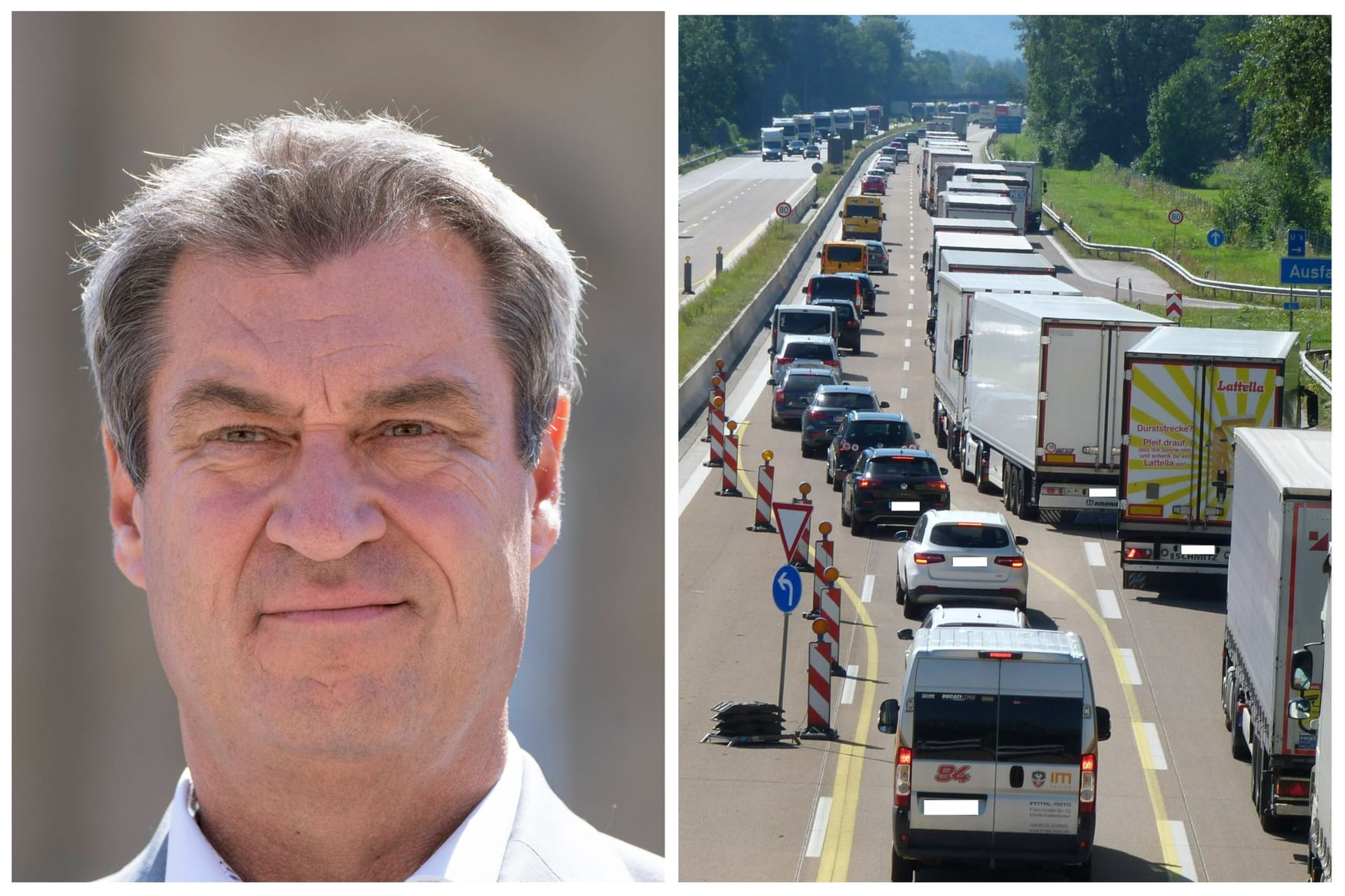 Auf der A93 stauen sich die LKWs – und damit auch die Autos immer dann, wenn Blockabfertigung ist (Archivbilder). Jetzt sperrt Ministerpräsident Markus Söder (links) hier im Inntal die Schleichwege.