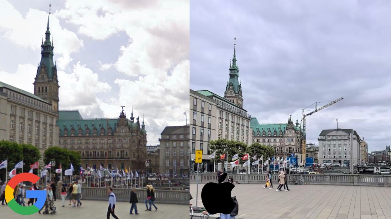 Der Jungfernstieg in Hamburg - links auf Google Maps, rechts auf Apple Karten. Auf dem Gerät ist der Unterschied noch eklatanter. Allerdings ist das linke Bild bereits 13 Jahre alt, das rechte innerhalb des vergangenen Jahres entstanden.