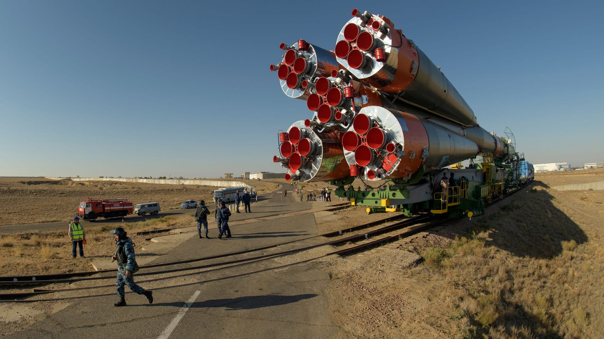 BAIKONUR, KAZAKHSTAN - SEPTEMBER 23: The Soyuz rocket is rolled out by train to the launch pad, September 23, 2019 at the Baikonur Cosmodrome in Kazakhstan. Expedition 61 crewmembers Jessica Meir of NASA and Oleg Skripochka of Roscosmos, and spaceflight participant Hazzaa Ali Almansoori of the United Arab Emirates will launch September 25th on the Soyuz MS-15 spacecraft from the Baikonur Cosmodrome to the International Space Station.