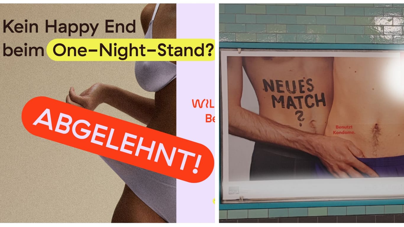 Werbeplakate (Montage t-online): Während das linke Motiv als zu freizügig galt, durfte das rechte im Berliner U-Bahnhof Alexanderplatz aufgehängt werden.