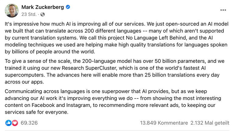 Ein Facebook-Post von Mark Zuckerberg, in dem er den Übersetzer vorstellt.