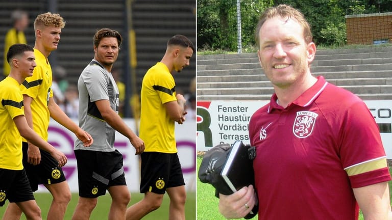 Edin Terzic und Spieler des BVB; Trainer Axel Schmeing vom Lüner SV (Montage): Der Sechstligist ist bereit für den Test gegen den Bundesligisten.