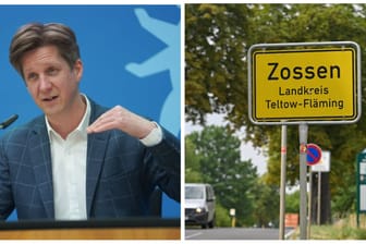 Finanzsenator Daniel Wesener (Grüne) und ein Ortsschild der Stadt Zossen (Montage): Viele Brandenburger Gemeinden fordern weniger Gewerbesteuer als das Land Berlin.