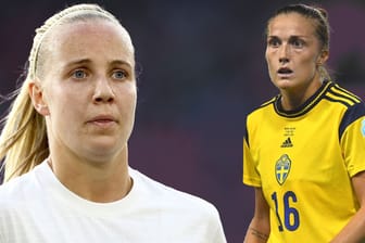 Beth Mead und Filippa Angeldal (r.): Im ersten EM-Halbfinale trifft England auf Schweden.