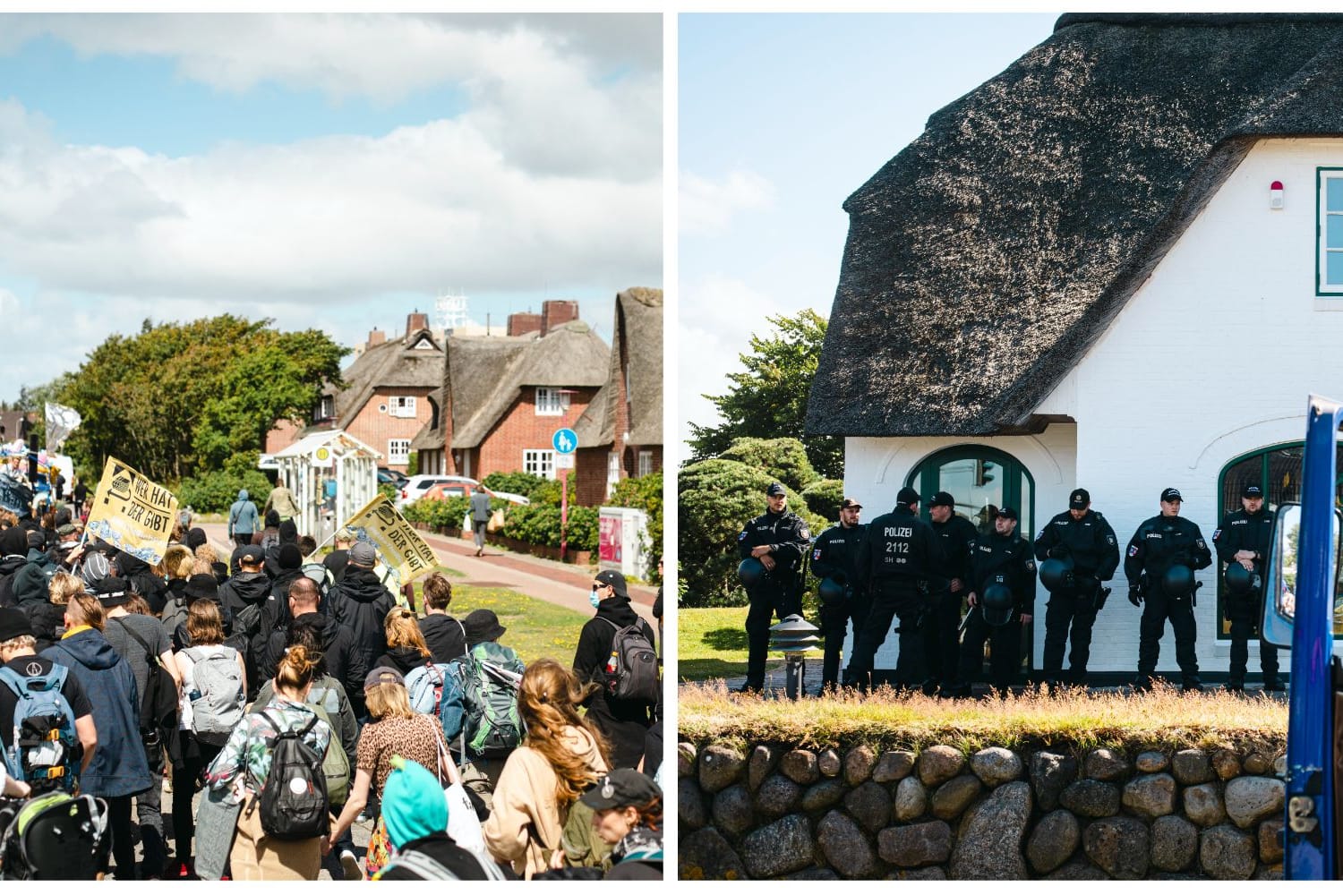 Demonstrierende und Polizeikräfte auf Sylt (Montage): Hunderte protestierten am Samstag auf der Nordseeinsel.