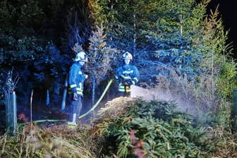 Feherwehrmänner löschen im Wald: In Rechberghausen im Kreis Göppingen hat sich der Brand auf rund 7.000 Quadratmetern Fläche ausgebreitet.