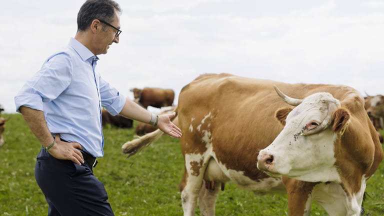 Bundeslandwirtschaftsminister Cem Özdemir (Grüne) begrüßt eine Kuh auf der Weide: "Wir wollen die Entscheidung für eine gute Ernährung im Alltag für alle so leicht und selbstverständlich wie möglich machen", sagt er.