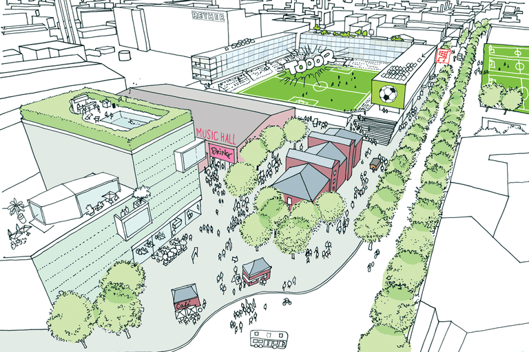 Eine Illustration zeigt Ideen für das geplante Areal am Diebsteich: Neben einem größeren Stadion soll dort auch eine Halle für Konzerte entstehen.