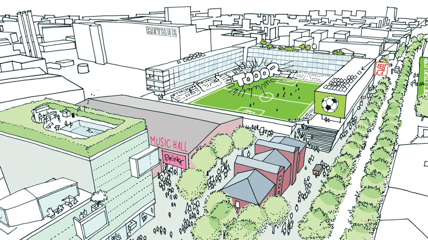 Eine Illustration zeigt Ideen für das geplante Areal am Diebsteich: Neben einem größeren Stadion soll dort auch eine Halle für Konzerte entstehen.