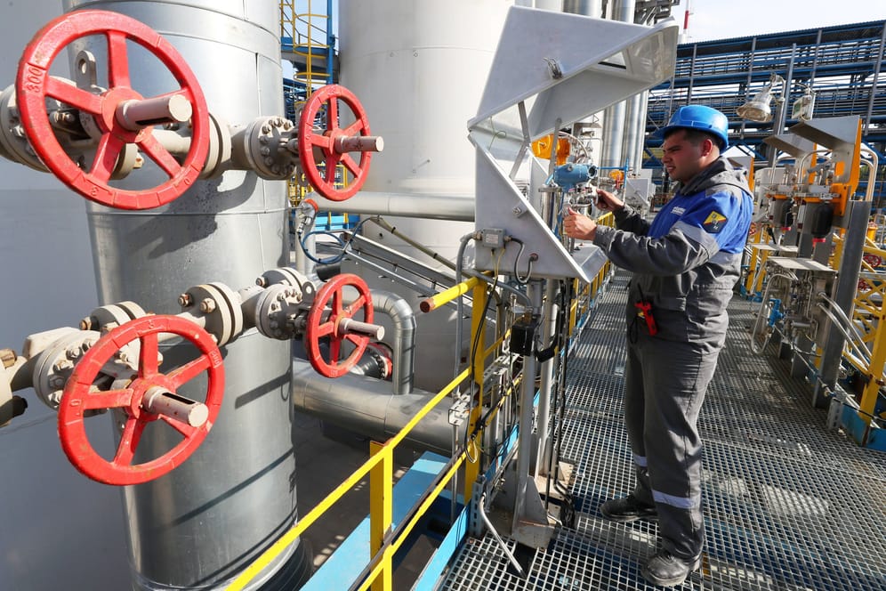 LENINGRAD REGION, RUSSIA JULY 27, 2021: Checking measuring equipment at the Slavyanskaya compressor station operated by Gazprom, the starting point of the Nord Stream 2 offshore natural gas pipeline.