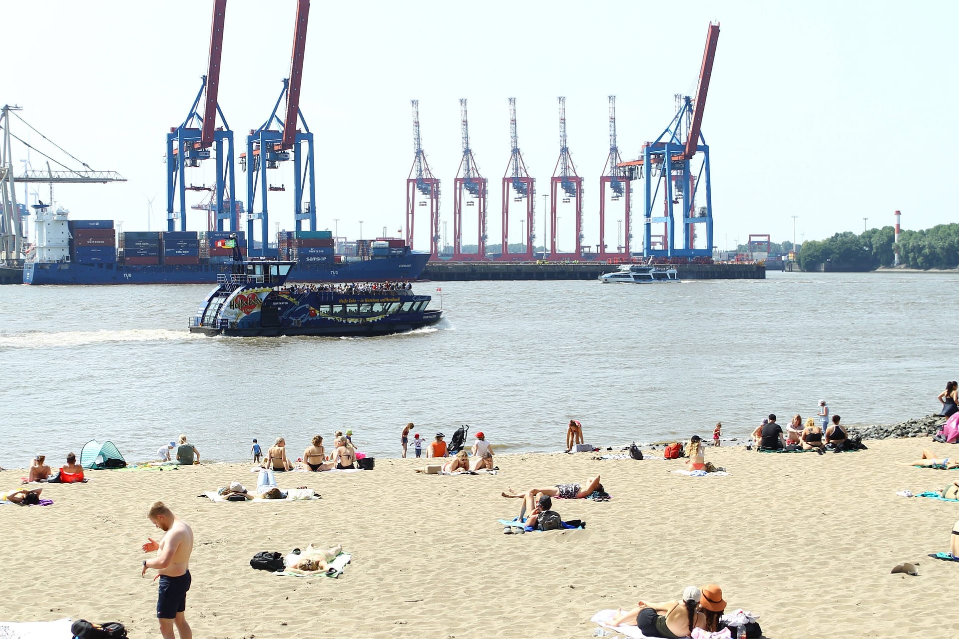 Passanten sonnen sich am Elbstrand bei Övelgönne (Archivbild).