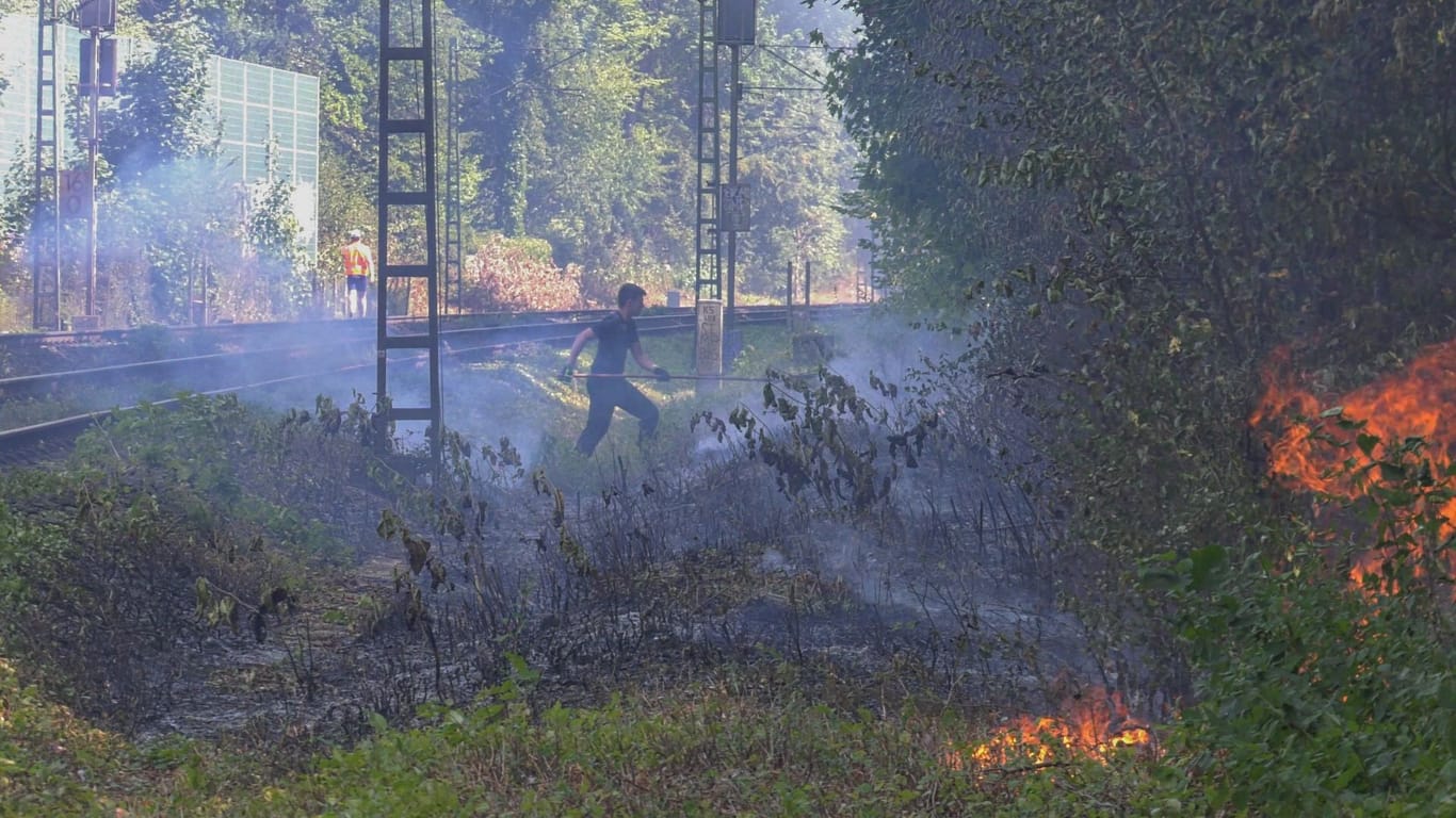 Feuerwehrleute im Kampf gegen die Flammen: Der Verkehr auf der Bahnstrecke kam zum Erliegen.
