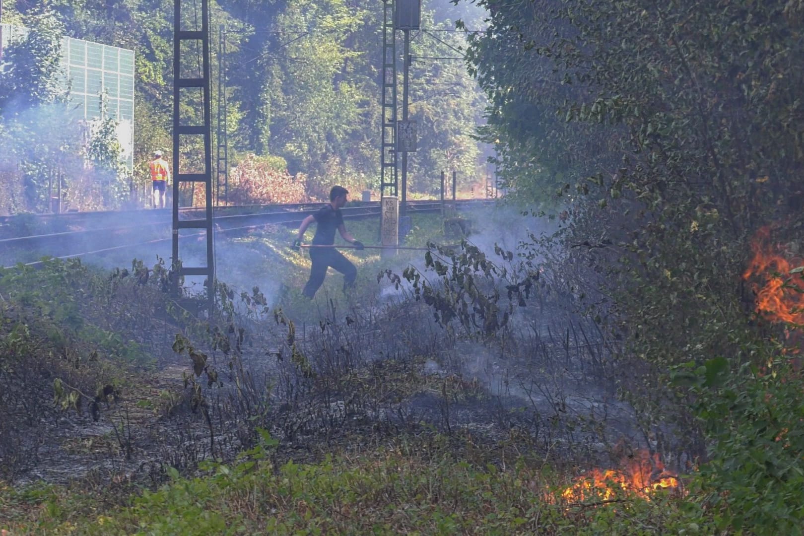 Feuerwehrleute im Kampf gegen die Flammen: Der Verkehr auf der Bahnstrecke kam zum Erliegen.