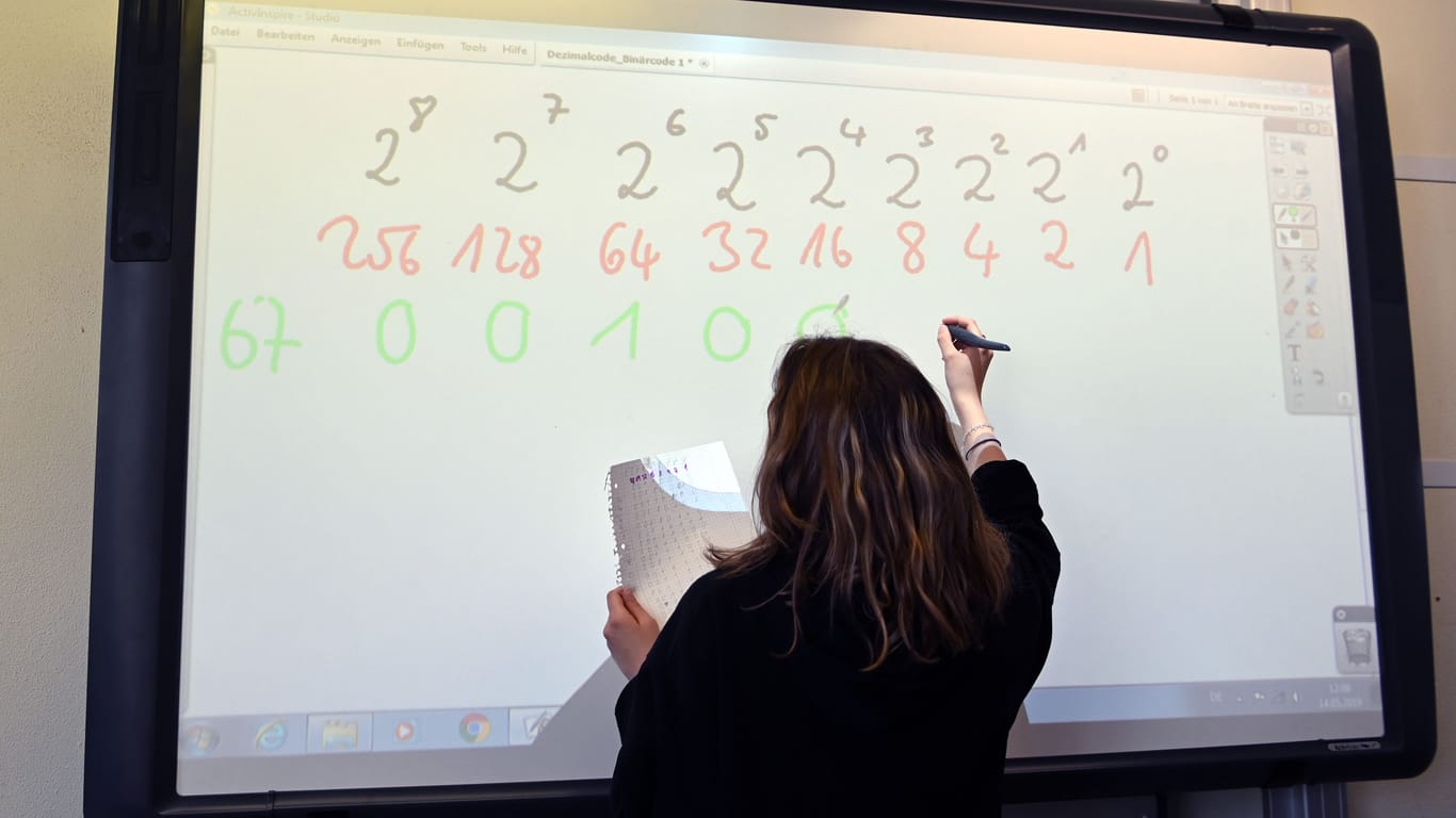 Bildungsmonitor: Eine Realschülerin arbeitet in einer Unterrichtsstunde an einem Active Board, einer interaktiven Tafel.